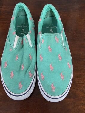 Thompson Teal Canvas Slip-On Loafers with Pink Embroidered Polo Motifs